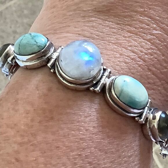 sterling SILVER VINTAGE MOON/LABRADORITE/LARIMAR STONE BRACELET - Picture 2 of 10
